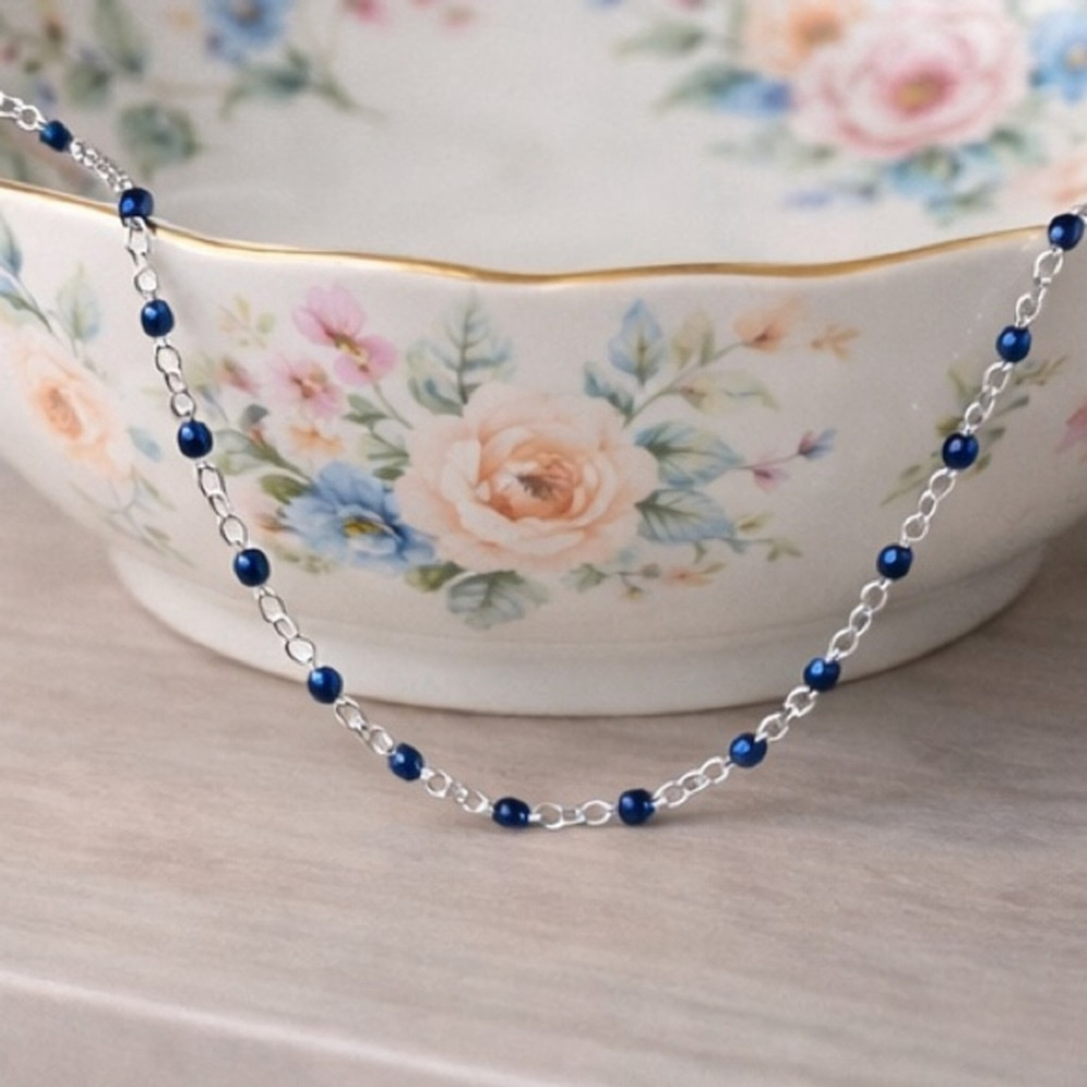 Necklace - 16” Stainless Steel Silver tone Necklace with dark blue Bead Accents - Picture 4 of 4